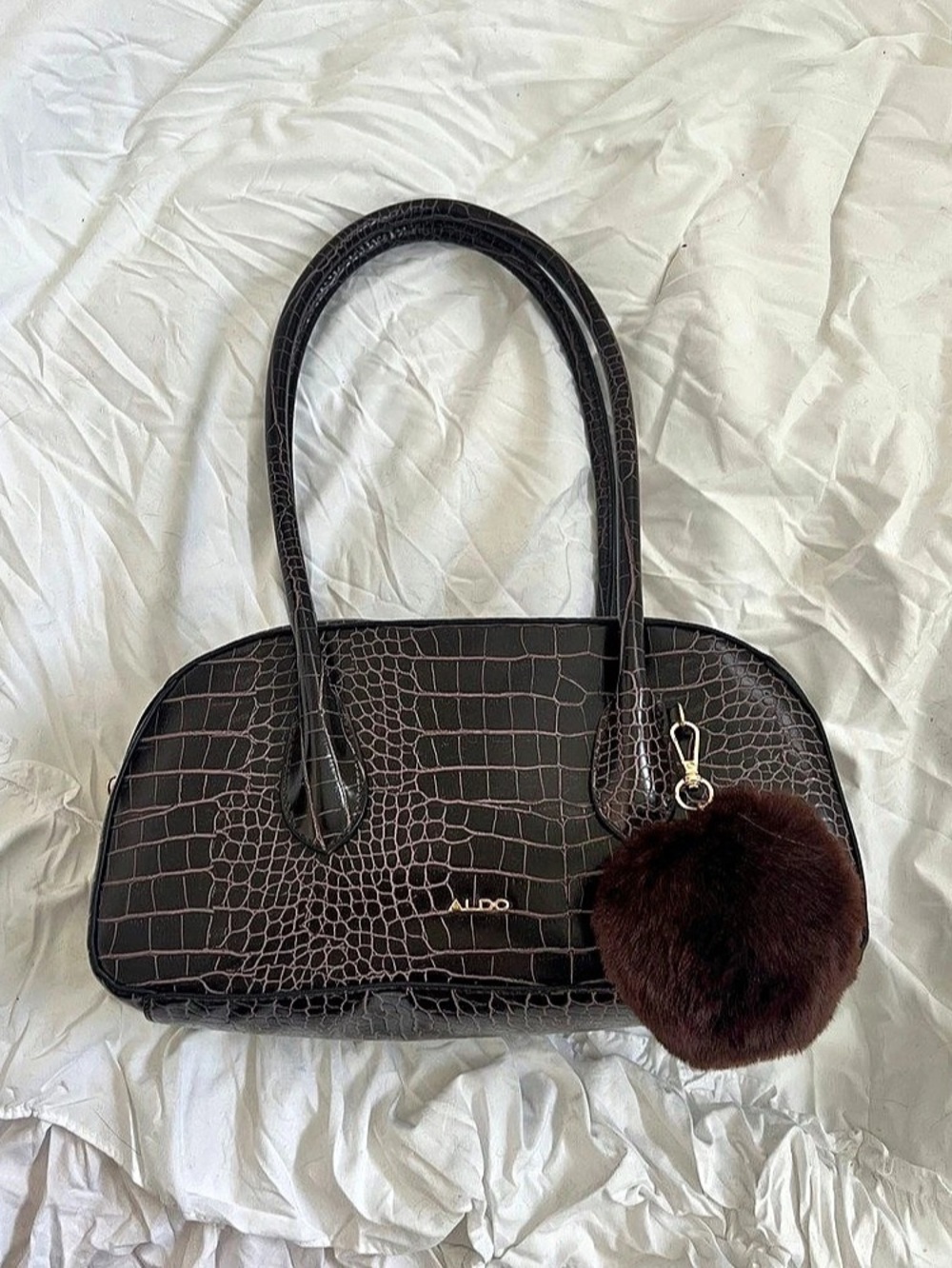 ALDO Dark Brown Croc-Embossed Shoulder Bag with Pom